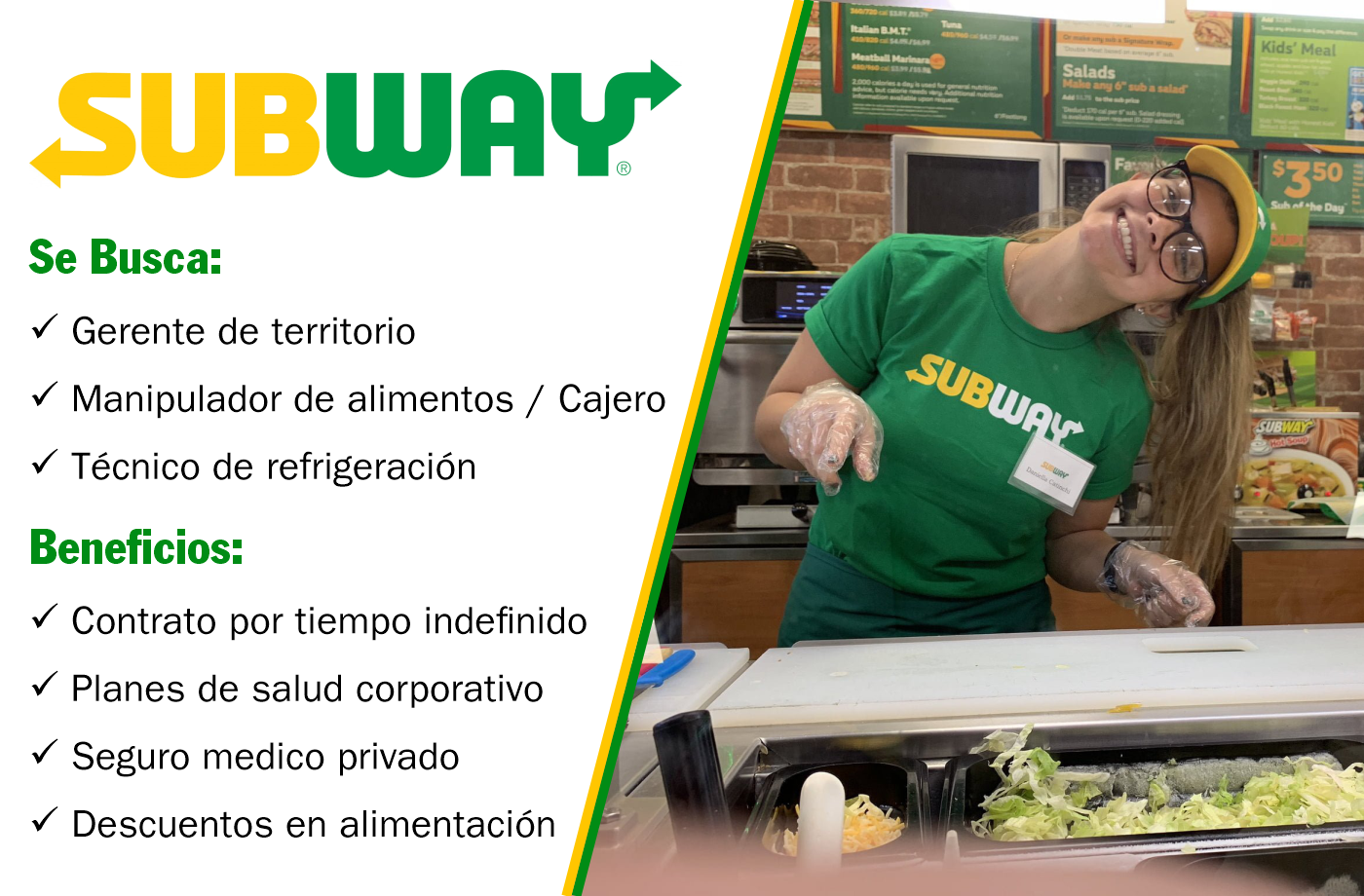 SUBWAY cuenta con grandes oportunidades laborales en distintas áreas