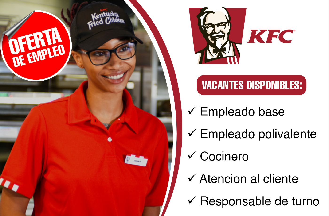 La famosa cadena de restaurantes de comida rápida KFC busca personal para ocupar algunas vacantes disponibles